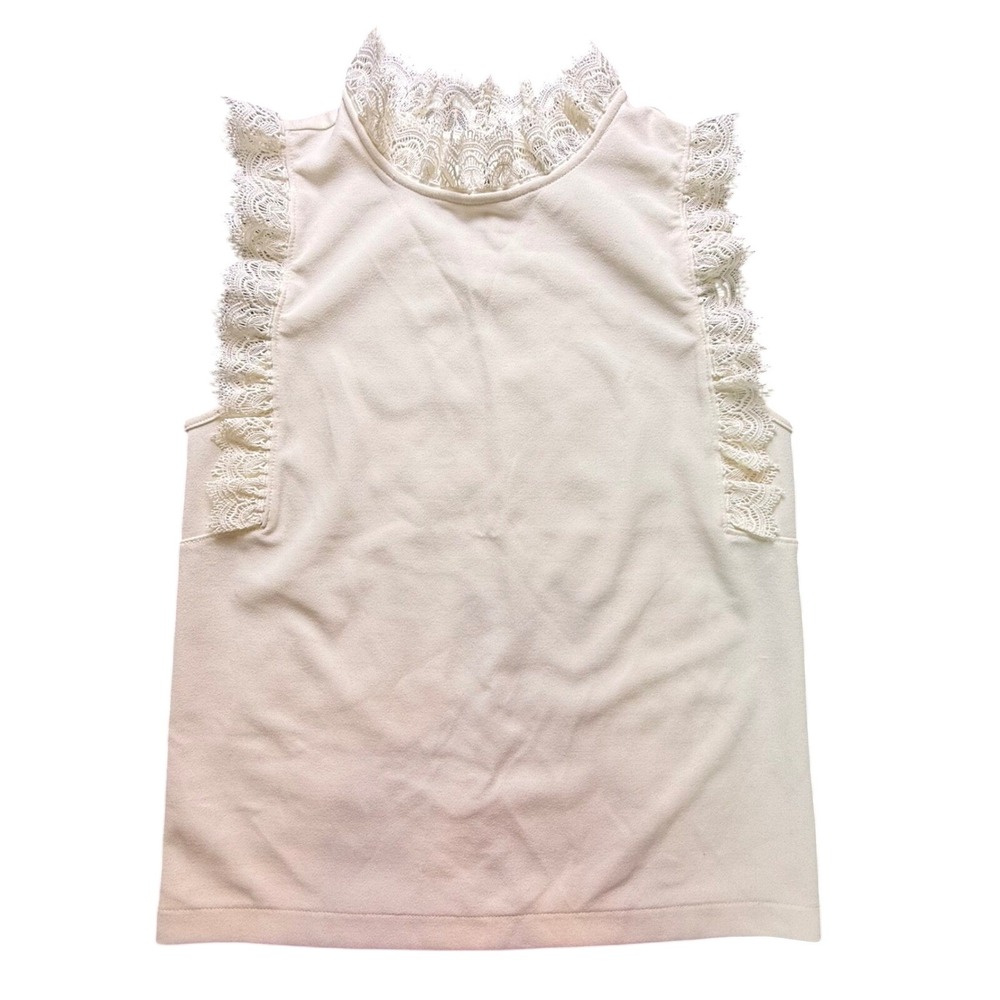 Ann Taylor Womens XS Ivory White Sleeveless Lace Trim Mock Neck Keyhole Blouse